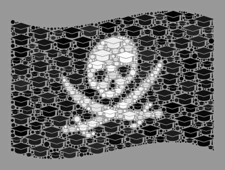 Mosaic waving pirate flag created with graduate cap elements. Student vector collage waving pirate flag done for educational apps. Pirate flag collage is shaped with scattered student hat particles.のイラスト素材