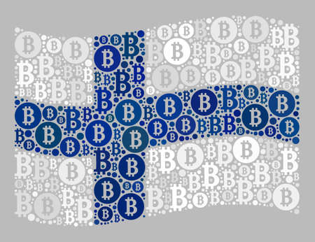 Mosaic bitcoin waving Finland flag designed of bitcoin icons. Vector collage windy Finland flag designed for currency purposes. Finland flag collage is composed of random bit-coin elements.のイラスト素材