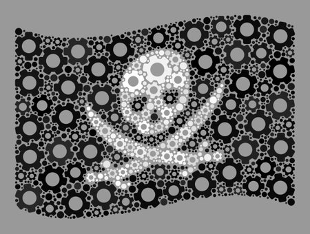 Mosaic waving pirate flag constructed of cog elements. Vector gear wheel collage waving pirate flag designed for control purposes. Pirate flag collage is designed of randomized settings icons.のイラスト素材