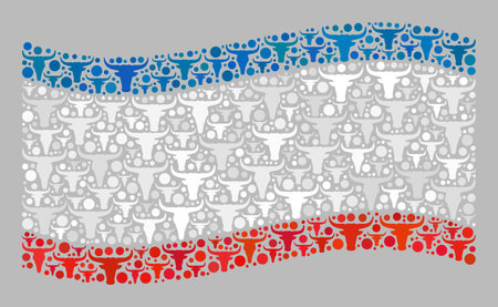 Mosaic cattle waving Crimea flag created with cow head icons. Vector mosaic waving Crimea flag designed for agriculture projects. Crimea flag collage is composed with random livestock heads.のイラスト素材