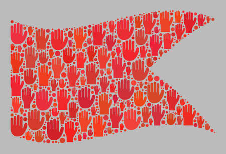 Mosaic waving red guidon flag constructed of raised up voting palm icons. Vector voting mosaic waving red guidon flag designed for party wallpapers. Red guidon flag collage is done of ballot palms.のイラスト素材