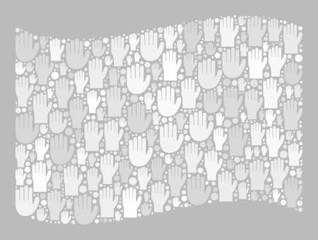 Mosaic waving white flag designed of upwards election arm items. Vector political mosaic waving white flag designed for support posters. White flag collage is made with voting hands.のイラスト素材