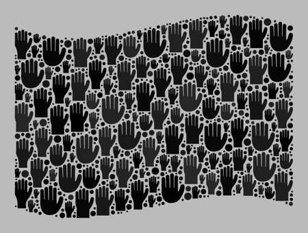 Mosaic waving black flag designed of raised volunteer palm items. Vector political mosaic waving black flag designed for party wallpapers. Black flag collage is formed of choice palms.のイラスト素材