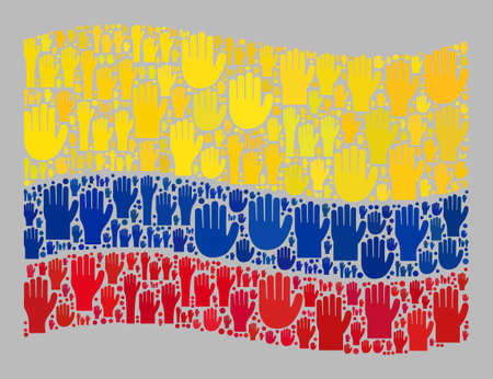 Mosaic waving Colombia flag designed with raised election arm elements. Vector election mosaic waving Colombia flag constructed for party propaganda.のイラスト素材
