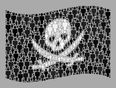 Mosaic waving pirate flag designed of crowd items. Vector population mosaic waving pirate flag designed for political propaganda. Pirate flag collage is organized with randomized crowd items.のイラスト素材