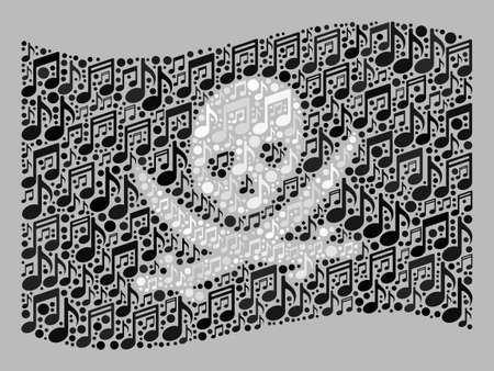 Mosaic waving pirate flag designed with music icons. Vector music collage waving pirate flag organized for festival illustrations. Pirate flag collage is done from randomized music items.のイラスト素材