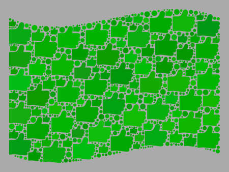 Mosaic waving green flag created with like items. Vector choice mosaic waving green flag created for social illustrations. Green flag collage is designed from randomized like items.のイラスト素材