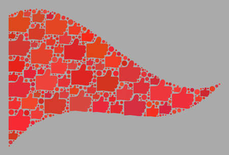 Mosaic waving red triangle flag designed of thumb up icons. Vector rating mosaic waving red triangle flag organized for politics purposes.のイラスト素材