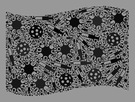 Mosaic waving black flag created of viral and syringe elements. Vector covid-2019 treatment collage waving black flag done for medical propaganda.のイラスト素材