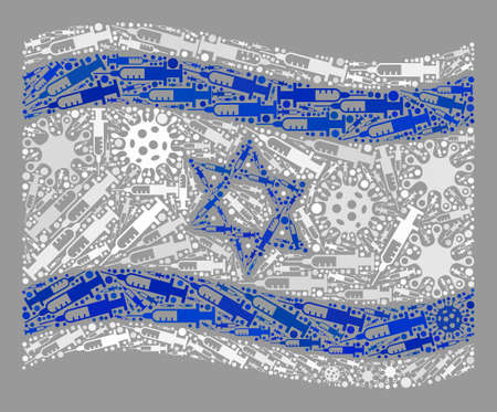 Mosaic waving Israel flag created with virus and needle icons. Vector vaccine mosaic waving Israel flag created for safety projects.のイラスト素材