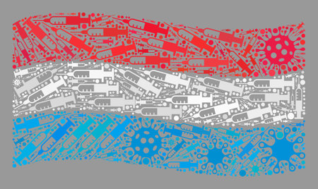Mosaic waving Luxembourg flag created with virus and needle icons. Vector covid-2019 treatment mosaic waving Luxembourg flag constructed for outbreak posters.のイラスト素材