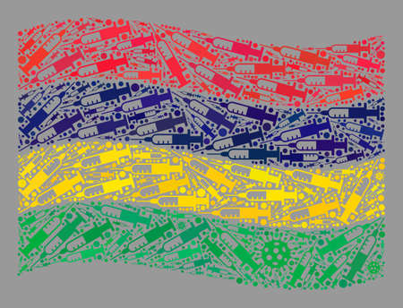 Mosaic waving Mauritius flag created with virus and needle items. Vector inoculation collage waving Mauritius flag created for pandemic purposes.のイラスト素材