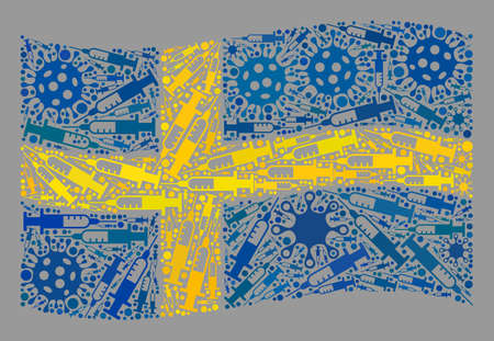 Mosaic waving Sweden flag constructed of virus and needle icons. Vector virus therapy mosaic waving Sweden flag constructed for political posters.のイラスト素材