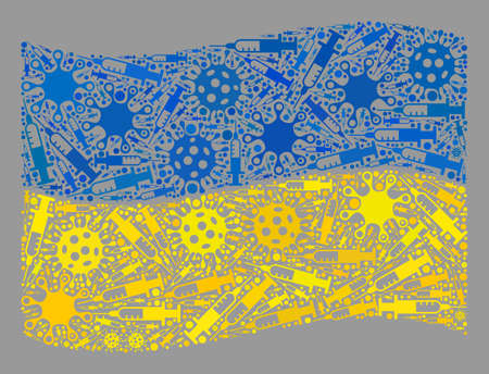Mosaic waving Ukraine flag designed with virus and needle items. Vector virus therapy collage waving Ukraine flag organized for pandemic projects.のイラスト素材