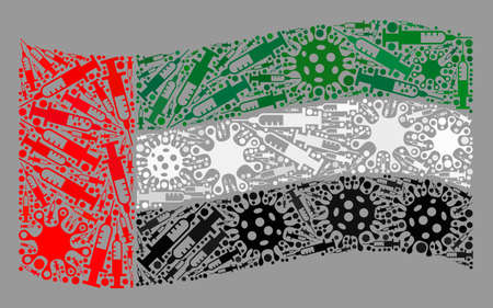 Mosaic waving United Arab Emirates flag created of viral and syringe items. Vector virus therapy collage waving United Arab Emirates flag constructed for political projects.のイラスト素材