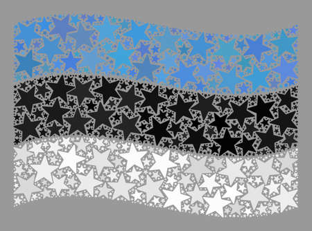Mosaic waving Estonia flag constructed of star icons. Vector starred mosaic waving Estonia flag designed for holiday wallpapers. Estonia flag collage is constructed of random stars.のイラスト素材