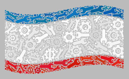 Mosaic waving Crimea flag designed with transmission items. Vector gear wheel, wrench collage waving Crimea flag organized for production advertisement.のイラスト素材