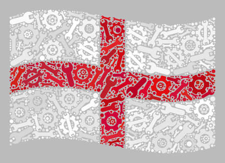 Mosaic waving England flag designed of gearwheel elements. Vector gear, wrench collage waving England flag done for development wallpapers.のイラスト素材