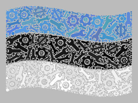 Mosaic waving Estonia flag designed of gear icons. Vector gear, wrench collage waving Estonia flag designed for control posters. Estonia flag collage is designed from random work items.のイラスト素材