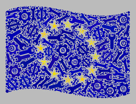 Mosaic waving Europe flag designed of system icons. Vector cog, wrench mosaic waving Europe flag created for production applications. Europe flag collage is designed of randomized preferences icons.のイラスト素材