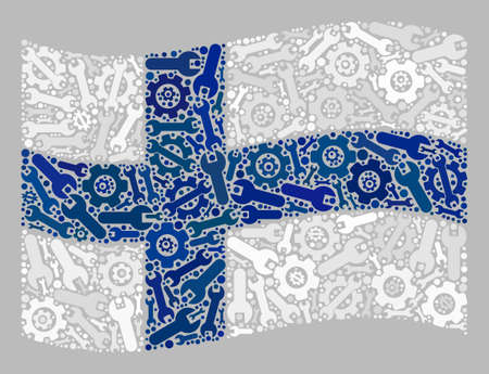 Mosaic waving Finland flag designed with progress items. Vector cog wheel, wrench mosaic waving Finland flag designed for industrial posters.のイラスト素材