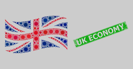 Grunge Uk Economy and mosaic waving Great Britain flag designed with sun elements. Green stamp contains Uk Economy text inside rectangle.のイラスト素材