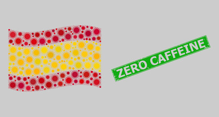 Distress Zero Caffeine and mosaic waving Spain flag constructed with sun elements. Green badge includes Zero Caffeine caption inside rectangle.のイラスト素材
