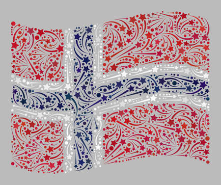 Mosaic waving Norway flag constructed of sparkle star items. Vector carnival mosaic waving Norway flag combined for feast projects. Norway flag collage is designed of scattered sparkle items.のイラスト素材