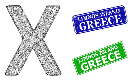 Mesh Chi Greek symbol image, and Limnos Island Greece blue and green rectangular textured badges. Polygonal carcass image designed with Chi Greek symbol icon.のイラスト素材