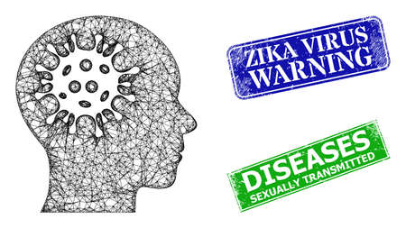 Mesh brain virus model, and Zika Virus Warning blue and green rectangle unclean stamp seals. Polygonal carcass illustration is based on brain virus pictogram.のイラスト素材