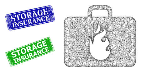Polygonal emergency case model, and Storage Insurance blue and green rectangular corroded stamp seals. Mesh carcass illustration based on emergency case pictogram.のイラスト素材
