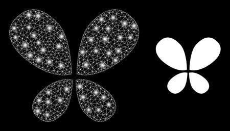 Glossy mesh vector butterfly with glare effect. White mesh, light spots on a black background with butterfly icon. Mesh and glare elements are placed on different layers.のイラスト素材
