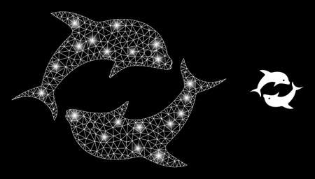 Bright mesh vector dolphin pair with glare effect. White mesh, bright spots on a black background with dolphin pair icon. Mesh and glowing elements are placed on different layers.のイラスト素材