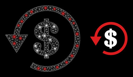 Glossy mesh vector dollar refund with glare effect. White mesh, glare spots on a black background with dollar refund icon. Mesh and glare elements are placed on different layers.のイラスト素材
