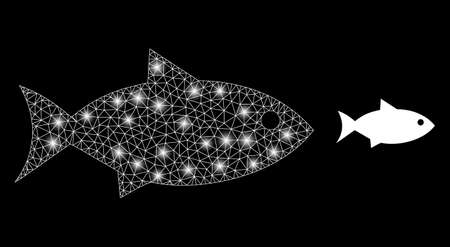 Magic mesh vector fish with glare effect. White mesh, glare spots on a black background with fish icon. Mesh and glare elements are placed on different layers.のイラスト素材