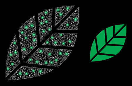 Glossy mesh vector herbal leaf with glow effect. White mesh, glare spots on a black background with herbal leaf icon. Mesh and glowing elements are placed on different layers.のイラスト素材