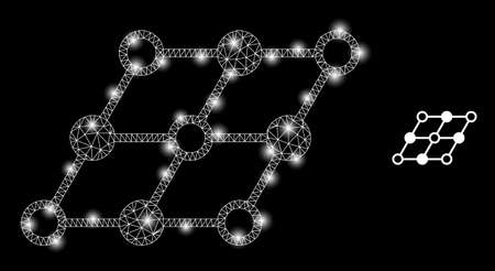 Glossy mesh vector inclined grid with glare effect. White mesh, bright spots on a black background with inclined grid icon. Mesh and glare elements are placed on different layers.のイラスト素材