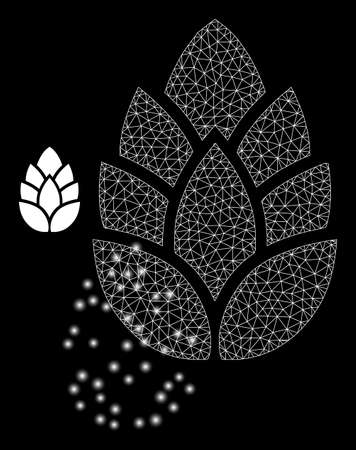 Magic mesh vector hop cone with glare effect. White mesh, glare spots on a black background with hop cone icon. Mesh and glowing elements are placed on different layers.のイラスト素材