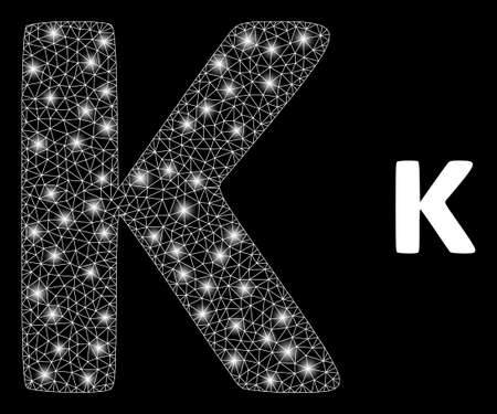 Glossy mesh vector Kappa Greek lowercase symbol with glow effect. White mesh, glare spots on a black background with Kappa Greek lowercase symbol icon.のイラスト素材