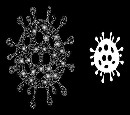 Glamour mesh vector virus egg with glare effect. White mesh, bright spots on a black background with virus egg icon. Mesh and glare elements are placed on different layers.のイラスト素材