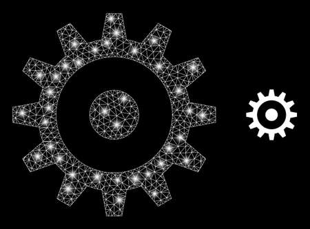 Glamour mesh vector gear wheel with glare effect. White mesh, light spots on a black background with gear wheel icon. Mesh and glare elements are placed on different layers.のイラスト素材
