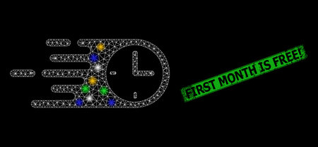Bright mesh network quick time with vibrant bright dots, and grunge First Month Is Free! seal. Green seal includes First Month Is Free! tag inside framed rectangle.のイラスト素材