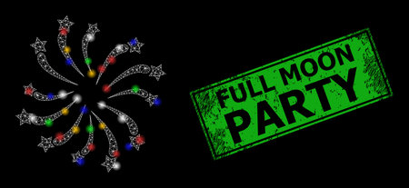Glare mesh network fireworks salute with vibrant light spots, and grunge Full Moon Party seal stamp. Green stamp seal has Full Moon Party text inside framed rectangle.のイラスト素材