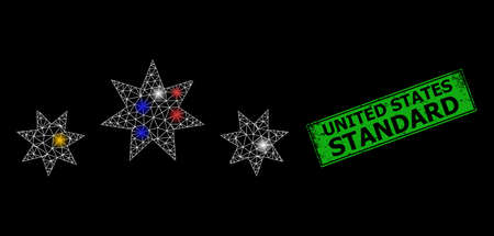Glowing mesh net star level with colored glowing spots, and grunge United States Standard stamp....