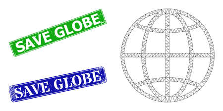 Net globe image, and Save Globe blue and green rectangular rubber stamps. Mesh wireframe image created from globe icon. Stamps include Save Globe text inside rectangular shape.のイラスト素材