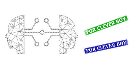Polygonal human network links model, and For Clever Boy blue and green rectangle dirty stamp seals. Polygonal wireframe illustration is created from human network links pictogram.のイラスト素材