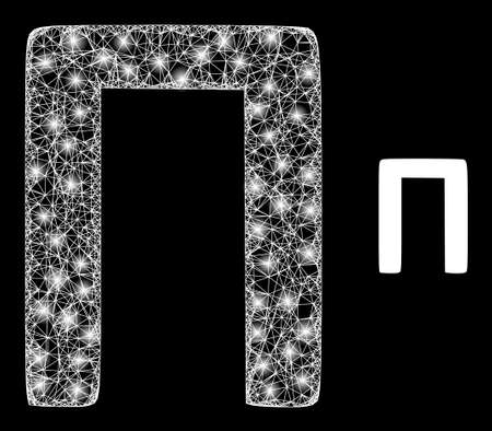 Magic mesh vector Pi Greek symbol with glare effect. White mesh, glare spots on a black background with Pi Greek symbol icon. Mesh and lightspot elements are placed on different layers.のイラスト素材