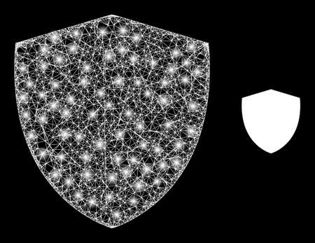 Bright mesh vector shield with glare effect. White mesh, light spots on a black background with shield icon. Mesh and glare elements are placed on different layers.のイラスト素材