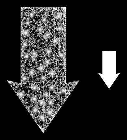 Magic mesh vector down direction with glare effect. White mesh, glare spots on a black background with down direction icon. Mesh and glare elements are placed on different layers.のイラスト素材