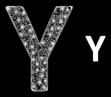 Magic mesh vector Upsilon Greek letter with glare effect. White mesh, glare spots on a black background with Upsilon Greek letter icon. Mesh and glare elements are placed on different layers.のイラスト素材